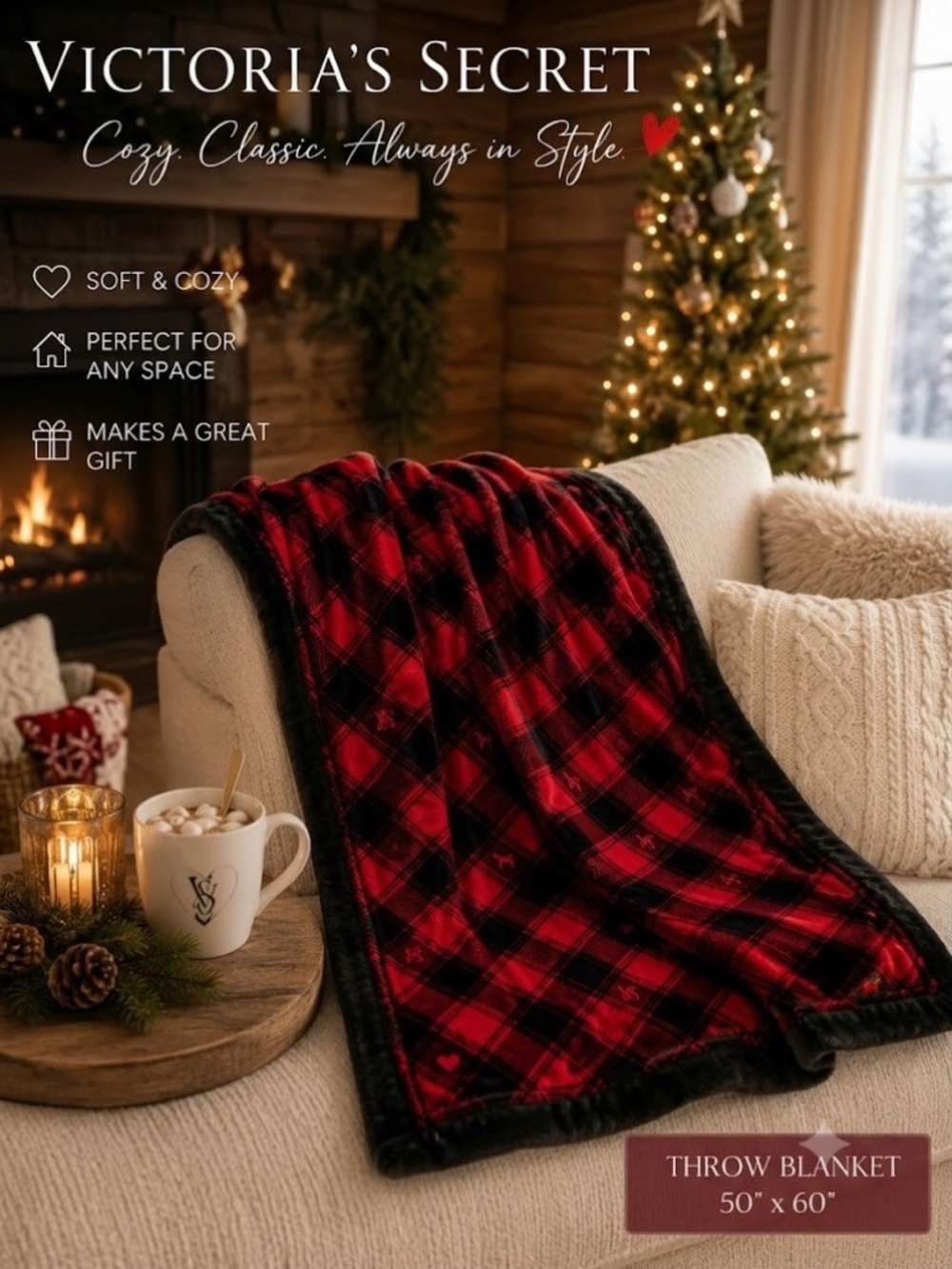 NWOB Victoria's Secret Red Buffalo Plaid Throw Blanket 50" x 60" Cozy Soft